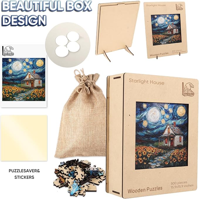 Leodozzio Wooden Puzzles for Adults 500 Pieces, Starlight House Jigsaw Puzzles, 5MM Thick Unique Shaped Animal Wooden Puzzle, Perfect Choice for Gifts, Wall Art Room & Artistic Home Decor, 15.9"x15.9"