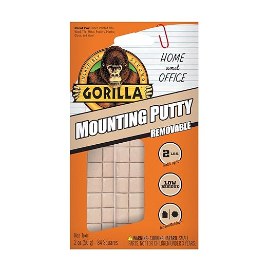 Gorilla Mounting Putty, Natural Tan Color, 84 Pre-Cut Squares (Pack of 8) - Non-Toxic Removable & Repositionable Wall Putty