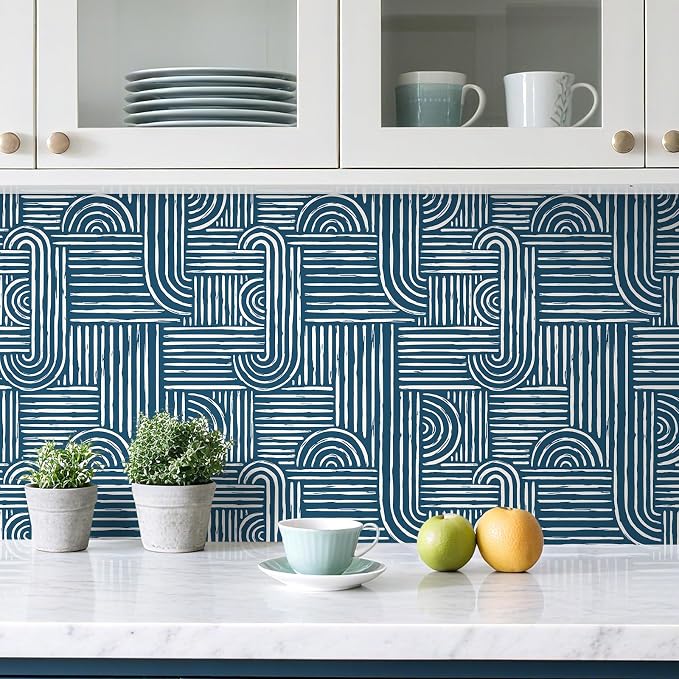 Livelynine 17.5x276 Blue Wallpaper Peel and Stick Navy Mid Century Modern Geometric Wallpaper for Bathroom Bedroom Renter Friendly Bold Dark Blue and White Modern Boho Contact Paper for Walls Easy