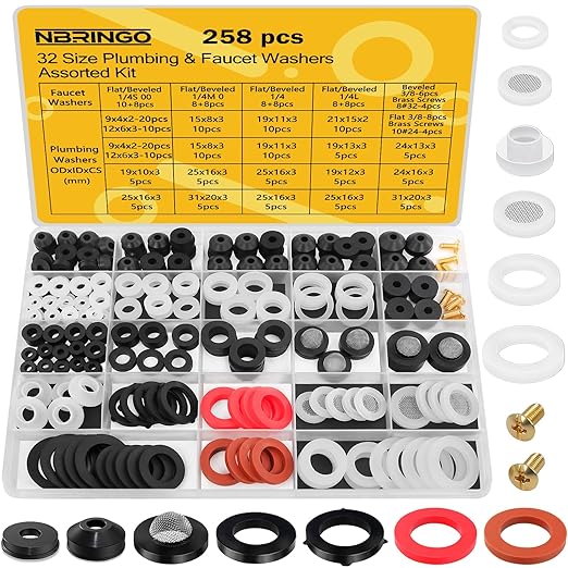258 PCS Faucet Washers Assorted Kit - 32 Sizes Plumbing Hose Bib Washer Repair Kit for Spigot Repair, Sink, Valve Stem, Hose Nozzle, Outdoor Faucet - Leak Repair