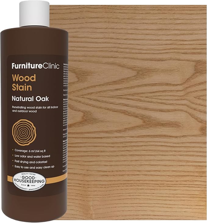 Furniture Clinic Wood Stain | Natural Oak | Water Based | Fast Drying, Low Odor, & Non-Toxic | for Indoor & Outdoor Furniture and More | Multiple Finishes | (17oz / 500ml)