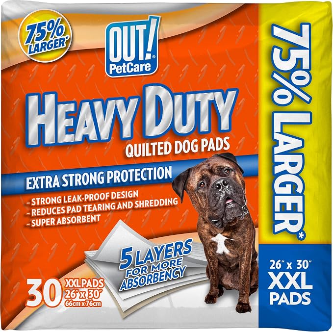 OUT! Petcare Puppy Pads XXL, Heavy Duty, Leak Proof Pee Pads for Dogs, Potty Training & Housebreaking, Puppy Essentials (26"x30", 30 Count)