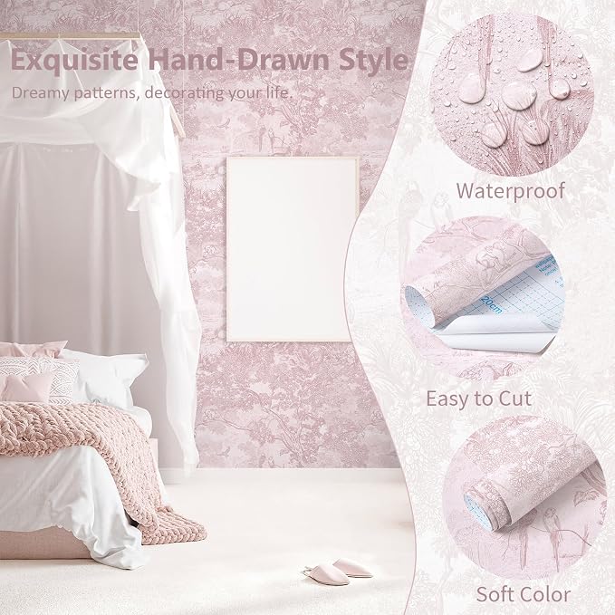 17.3" X 78.7" Peel and Stick Wallpaper Pink White Toile Forest Floral Wallpaper Renter Friendly Waterproof Removable Self Adhesive Wall Paper Bedroom Living Room Cabinets Vinyl