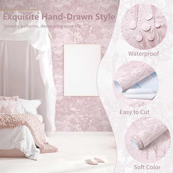 17.3" X 196.8" Peel and Stick Wallpaper Pink White Modern Toile Floral Wallpaper Renter Friendly Waterproof Removable Self Adhesive Wall Paper Bedroom Livingroom Cabinets Vinyl