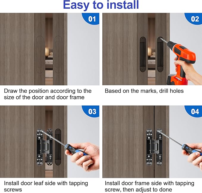 2Kits 6 inch Stainless Steel Hidden Door Hinges -Invisible Hinges for Doors, 180 Degree Swing Concealed Door Hinges, 3 Way Adjustable for Heavy Duty (Black
