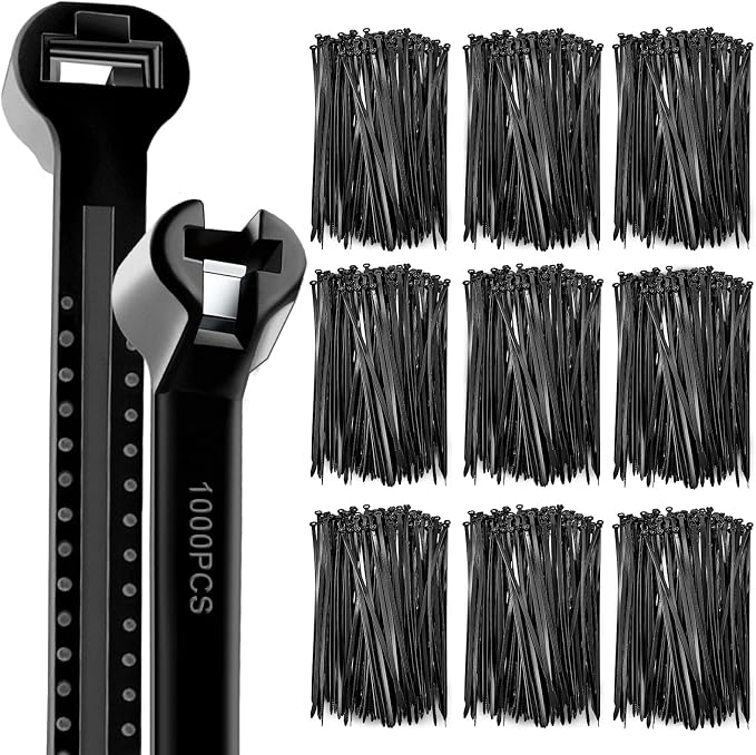Blulu 1000 Pcs 7 Inch Cable Zip Ties with Metal Tooth Stainless Steel Locking Device, Black Nylon Cable Ties, 50 Lbs Tensile Strength, UV Resistant Wire Wraps Multi Purpose for Indoor Outdoor Use