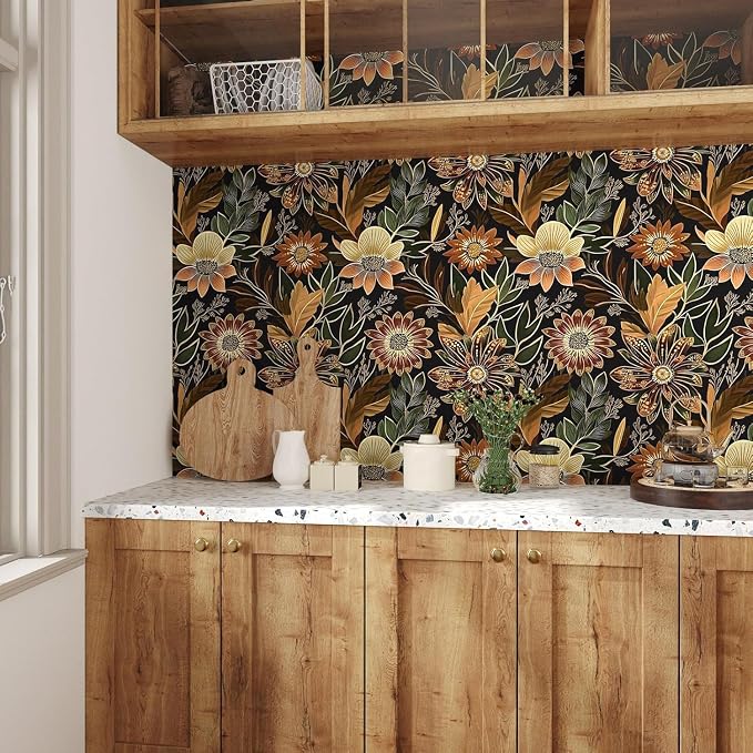 Boho Dark Black Gold Floral Wallpaper Peel and Stick 17.5"x197" | Self Adhesive/Removable/Waterproof/Thick Vinyl Contact Paper for Bathroom Bedroom Shelf Cabinet Drawer,Prepasted,Easy Peel