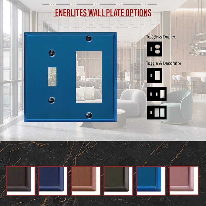 ENERLITES Combination Toggle Switch and Decorator Receptacle Metal Wall Plate, Corrosion-Resistant, Stainless Steel 201, Standard Size 2-Gang 4.50" x 4.57", UL Listed, 771131-PBL, Polished Blue