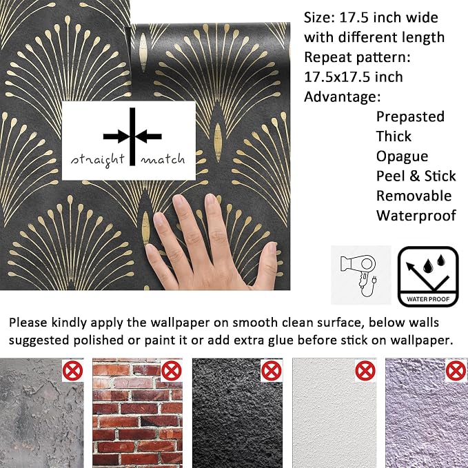 Livelynine 17.5x276 Art Deco Black and Gold Peel and Stick Wallpaper Abstract Peacock Wall Paper Prepasted Rolls Renter Friendly Black Vintage Contact Paper Waterproof Vinyl Geometric Wall Coverings