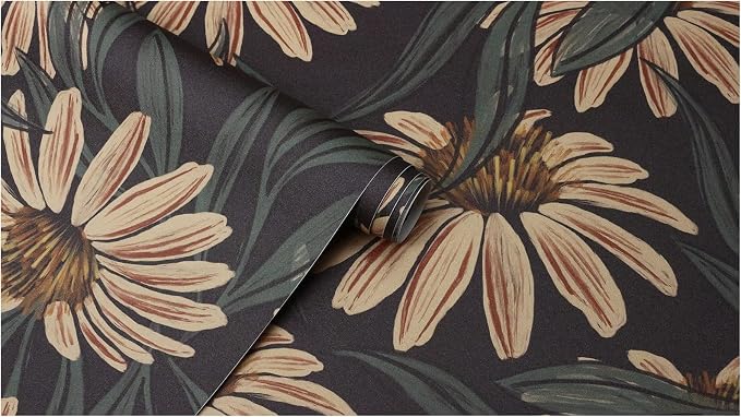 HAOKHOME Vintage Peel and Stick Wallpaper Floral Brown/PeachPuff/Green Daisy Wall Decor Home Bathroom Boho Decor 17.3in x 9.8ft