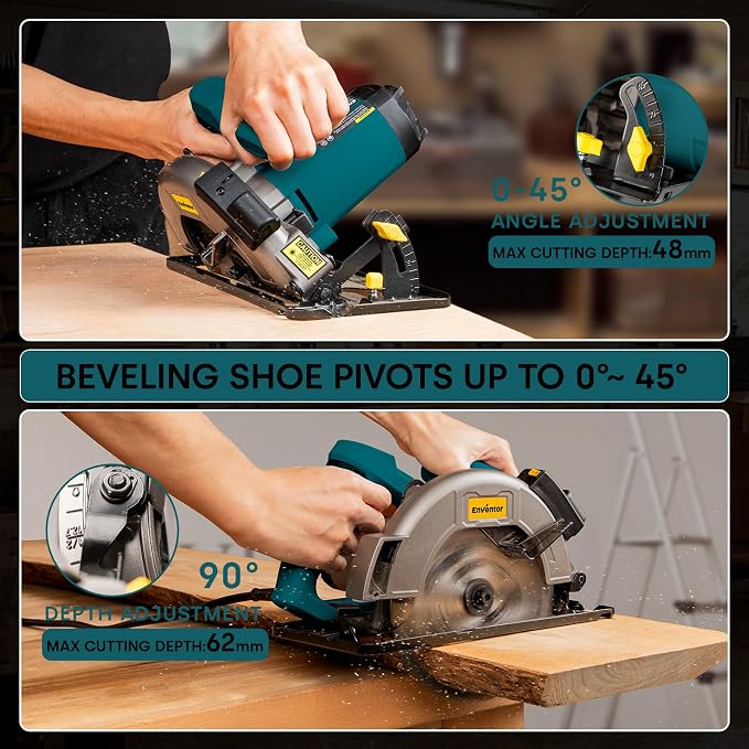 Enventor 11A Circular Saw 7-1/4-Inch with Laser Guide, 2 Blade Saws 24T/40T | Electric Circular Saw Corded, Max Cutting Depth 2-7/16"(90°), 1-8/9"(0°-45°), Single Handed Bevel, 6000RPM (Blue)