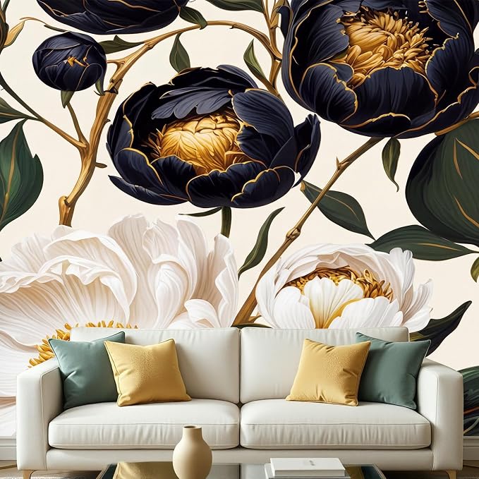 MFWFM Floral Peel and Stick Wallpaper Large Peony Botanical Wall Murals | 137"x96", for Bedroom Living Room Bathroom, Self Adhesive Canvas