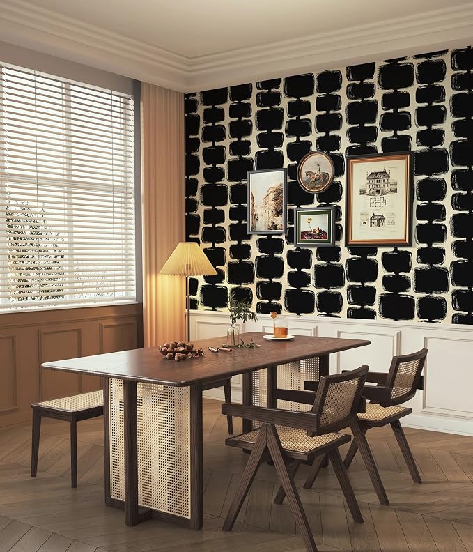 Safiyya 17.3"x197" Peel and Stick Wallpaper Black and Cream White Contact Paper Mid Century Modern Abstract Geometric Wall Paper Self Adhesive Removable Wallpaper for Bathroom and Bedroom Vinyl