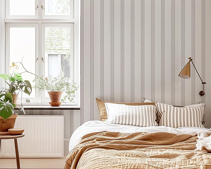 Modern Brown and White Striped Peel and Stick Wallpaper, Removable, French Country Style, Textured Wall Compatible, Stick on Wallpaper for Bathroom and Bedroom (Brown)