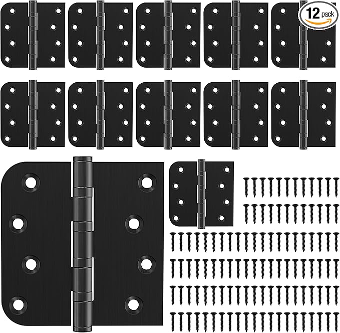 KOLET Ball Bearing Door Hinges, 4 x 4 Inches Black Door Hinges, Heavy Duty Stainless Steel Hinges, Square and 5/8'' Radius Corner, Smooth and Quiet, Non Removable Pin, Matte Black, 12 Pack