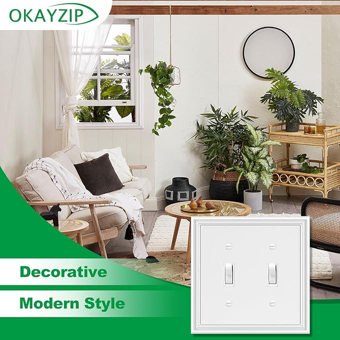 White Decorative Double Toggle Light Switch Covers Wall Plate, Natural Material Switch Plate Covers - Modern Style (2 Gang Toggle 2 Pack)