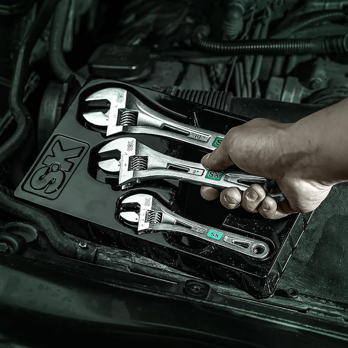 SK 3-Piece Adjustable Wrench Set, 6", 8", 10", SAE & Metric Scales | X-Frame Handle, Precision Jaw, Heat Treated CR-V Steel, Chrome-Plated Rust Resistant Finish