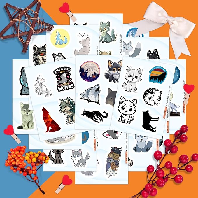 BulbaCraft Cute Wolf Stickers for Water Bottle and Laptop - Wolf Party Supplies & Decorations, Waterproof Vinyl Decals, Cute Animal and Wildlife Stickers, Gifts for Women & Men