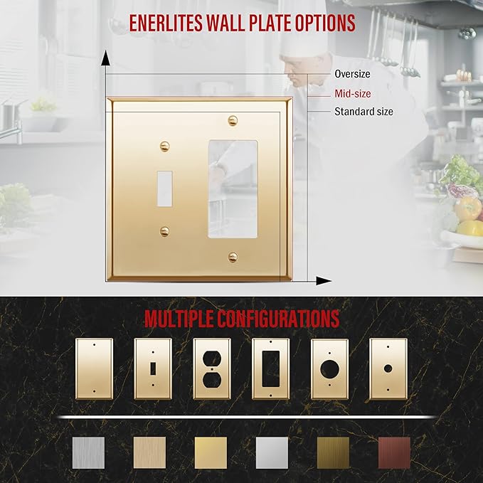 ENERLITES Combination Toggle Switch and Decorator Receptacle Metal Wall Plate, Stainless Steel 201 Outlet Cover, Corrosion-Resistant, Mid-Size 2-Gang 4.88" x 4.92", 771131M-PB, Polished Brass