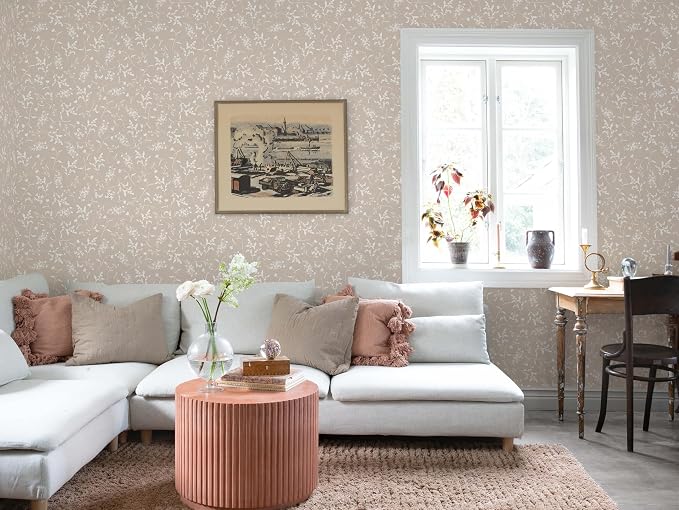 Ismoon Floral Wallpaper Peel and Stick Brown Neutral Contact Paper Wildflowers Leaf Stick on Wall Paper Textured Removable Self Adhesive Vinyl Wallpaper for Bedroom Bahtroom Wall Decor 17.3x78.7in