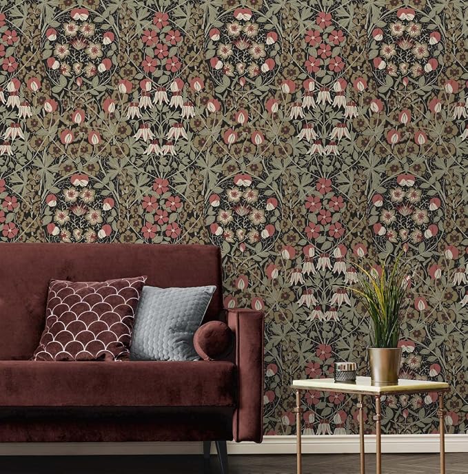 NextWall Tulip Garden Floral Peel and Stick Wallpaper (Ebony & Red Clay)