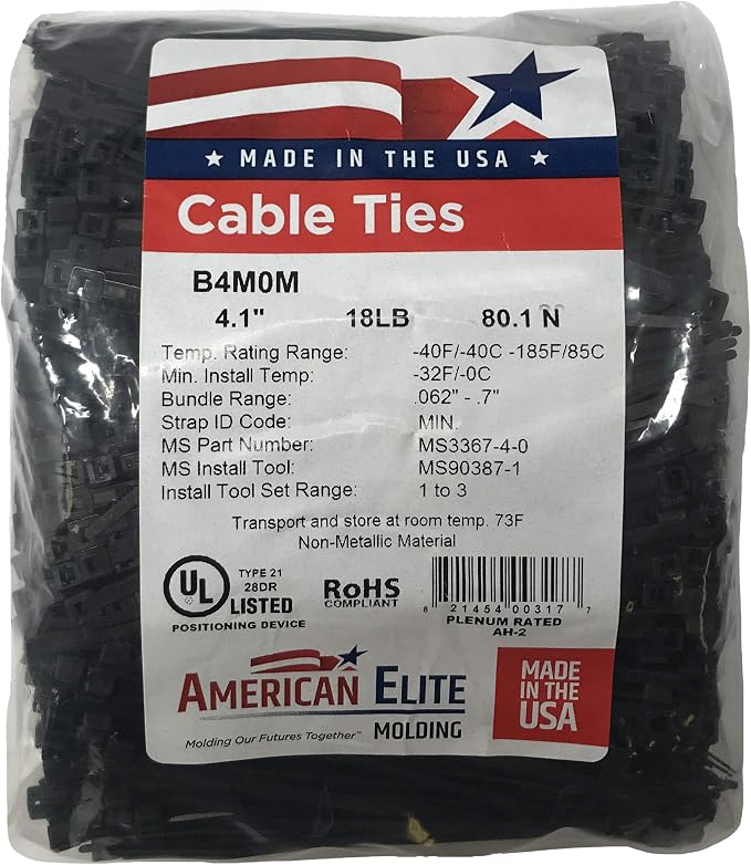 Standard Black 4" Inch Cable Zip Ties 18 Pounds Tensile Strength UV Resistant Wire Wrap - 100 Pack - Made in USA