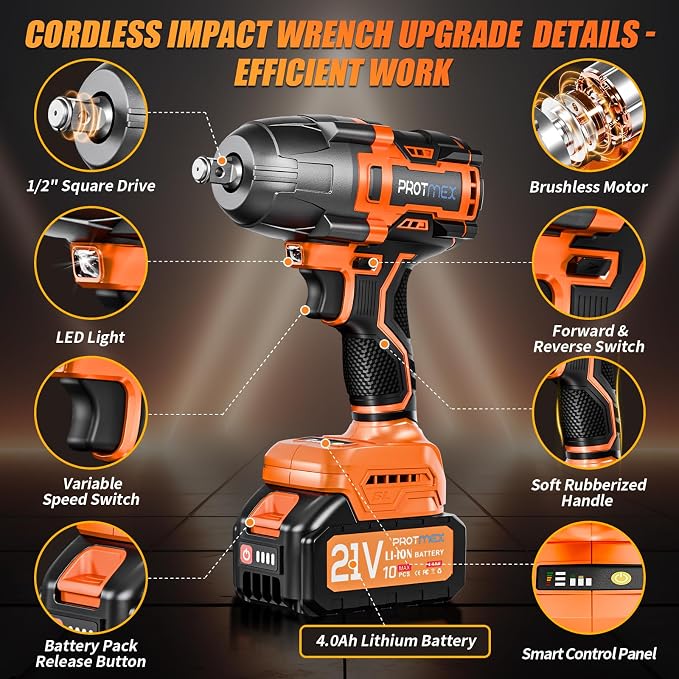 Cordless Impact Wrench, 900Ft-lbs (1200N.m) 1/2" Brushless Impact Gun, 21V High Torque Power Impact Driver, 2x4.0Ah Batteries Electric ImpactMotor Variable Speeds for Car/Pickup Truck/Mower