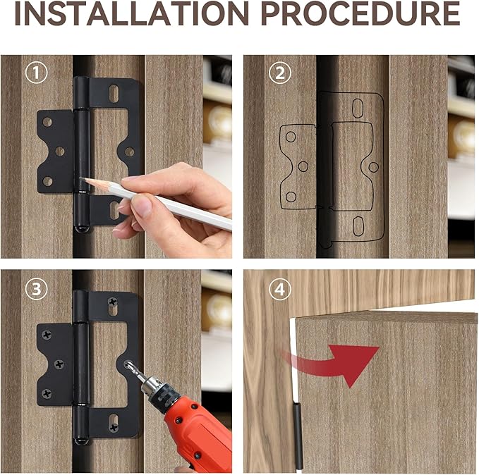 Wealrit 6 pcs Non-Mortise Hinges Door Hinges 3 Inch Length Heavy Duty Door Hinges Black Bifold Butt Hinges with Screws