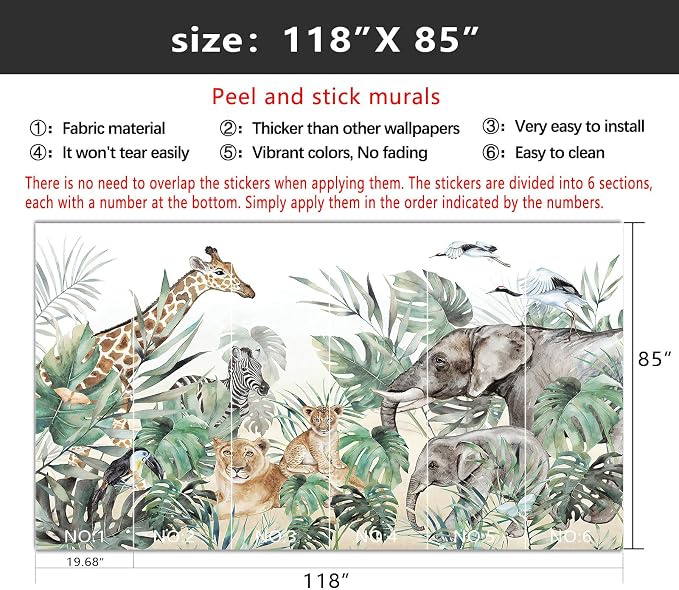 YIHWM-Peel and Stick Animal Wallpaper Tropical Rainforest Zoo Theme Mural | Tear-resistant,with a substantial feel;Will not be damaged during repositioning.Boy's Room,kids room wallpaper.M-118"x85"