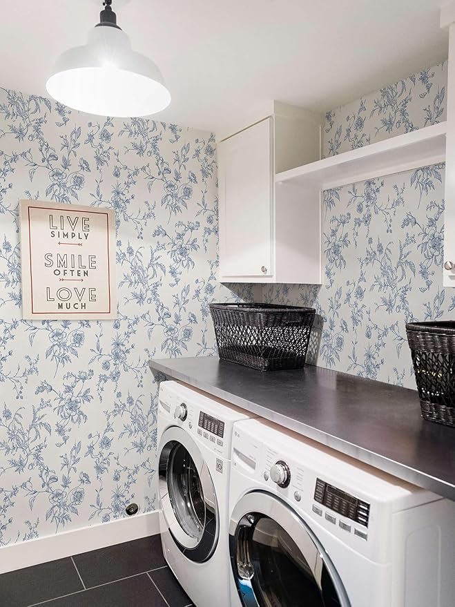 Ismoon Peel and Stick Wallpaper Floral Vintage Stick on Wall Paper Blue and White Contact Paper for Cabinet French Textured Removable Self Adhesive Wallpaper Vinyl for Bedroom Wall Deco 17.3 x 78.7in