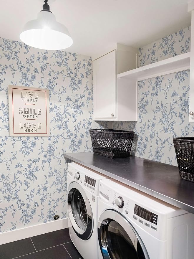 Ismoon Peel and Stick Wallpaper Floral Vintage Stick on Wall Paper Blue and White Contact Paper for Cabinet French Textured Removable Self Adhesive Wallpaper Vinyl for Bedroom Wall Deco 17.3 x 393in
