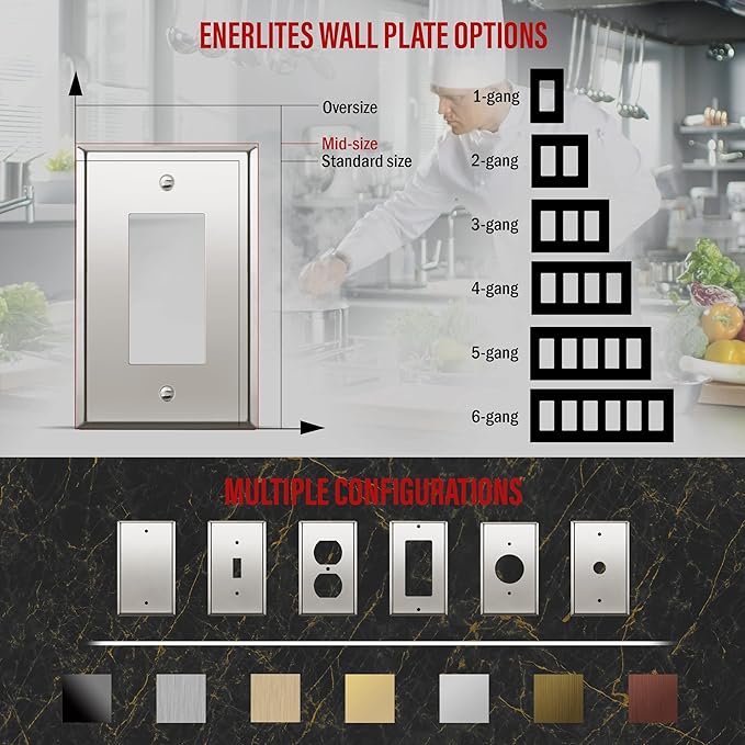 ENERLITES Decorator Switch or Receptacle Metal Wall Plate, Stainless Steel Outlet Cover, Corrosion Resistant, Mid-Size 1-Gang 4.88" x 3.11", Stainless Steel 201, 7731M-PC, Polished Chrome