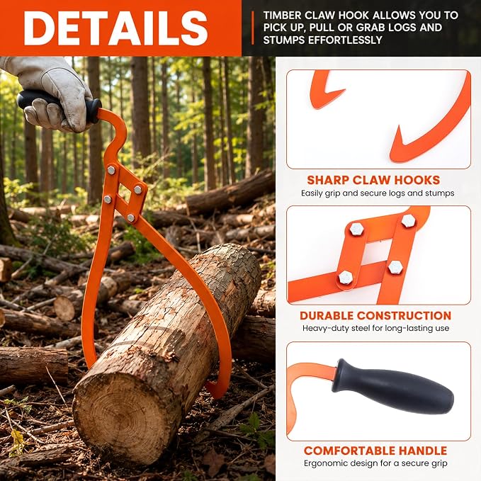 Blulu 2 Pcs 20 Inch, 16 Inch 2 Claw Log Tongs Logging Skidding Tongs with Non Slip Grip Stainless Steel Hand Log Grapple Lifter Handling, Dragging, Carrying Tool for Moving Wood Trees
