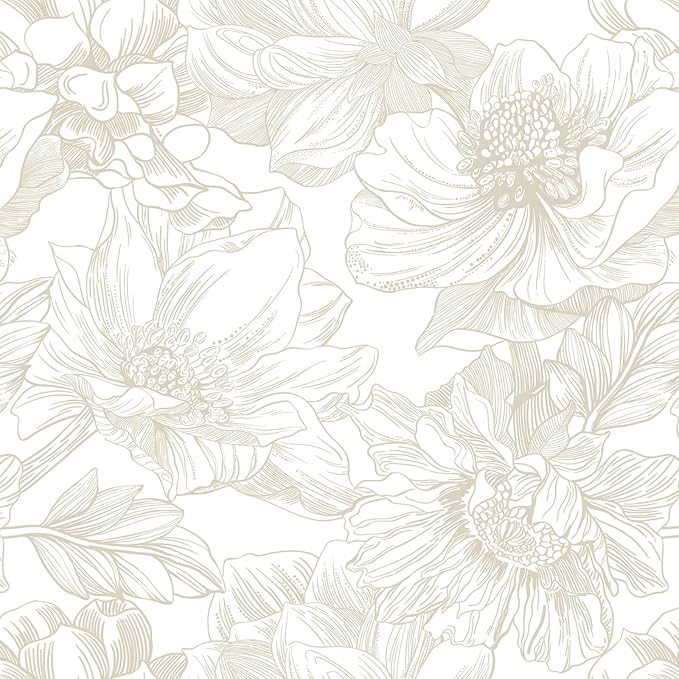 Ismoon Large Floral Peel and Stick Wallpaper Boho Beige Contact Paper 17.3inx6.5ft Neutral Wall Paper Removable Self Adhesive Wallpaper Bedroom Cabinet Bathroom Waterproof Mural Wall Decor Vinyl Roll