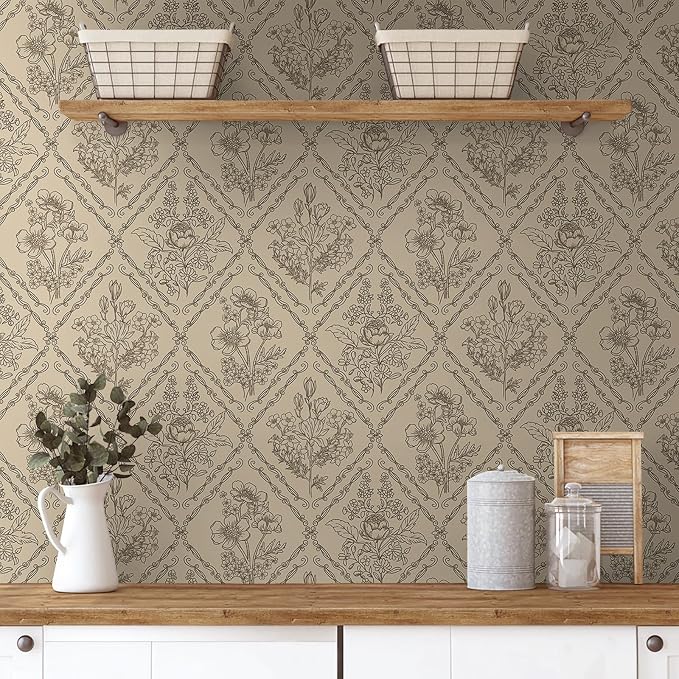 Toduso Vintage Peel and Stick Wallpaper Brown Floral Wallpaper for Kitchen Boho Neutral Contact Paper Removable Waterproof Self Adhesive Wall Paper for Bathroom Bedroom Drawer Decor Vinyl 17.3"x196.8"