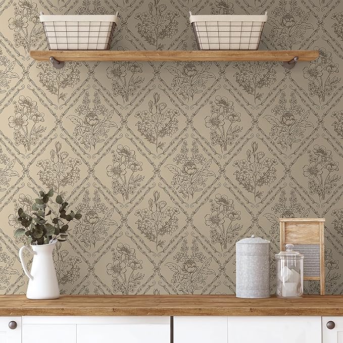 Toduso Vintage Peel and Stick Wallpaper Brown Floral Wallpaper for Kitchen Boho Neutral Contact Paper Removable Waterproof Self Adhesive Wall Paper for Bathroom Bedroom Drawer Decor Vinyl 17.3"x393.7"