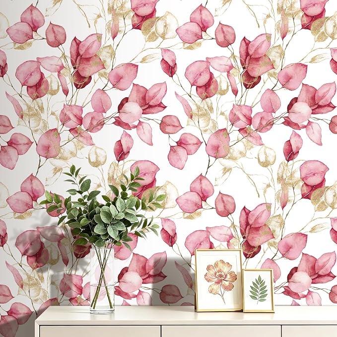 Livelynine Pink and Gold Peel and Stick Wallpaper Botanical Mural 17.5x276 | Pink and Gold Contact Paper Peel and Stick Pink Wallpaper for Girls Bedroom Dorm Cute Elegant Accent Wall Renter Friendly