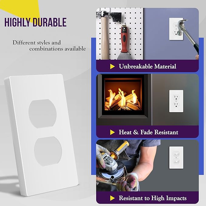 ENERLITES Screwless Duplex Wall Plate Covers, Child Safe Receptacle Outlet Covers, Size 1-Gang 4.68"x 2.93",Unbreakable Polycarbonate Thermoplastic,SI8821-W-10PCS,Glossy, White, 10 Pack