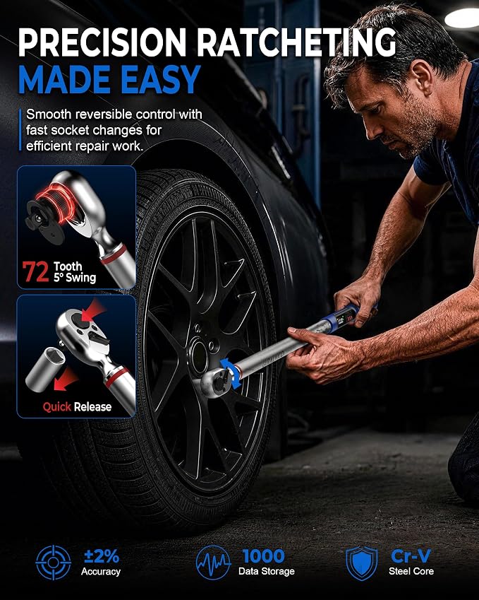 Digital Torque Wrench Set 1/2 & 3/8 Drive for Motorcycle Car Engine | 12.54-250.7ft-lb & 5.02-99.57ft-lb，±2% Accuracy，Peak & Track，Buzzer & LED Alert，Electronic Display，for Wheel Lug Spark Plug