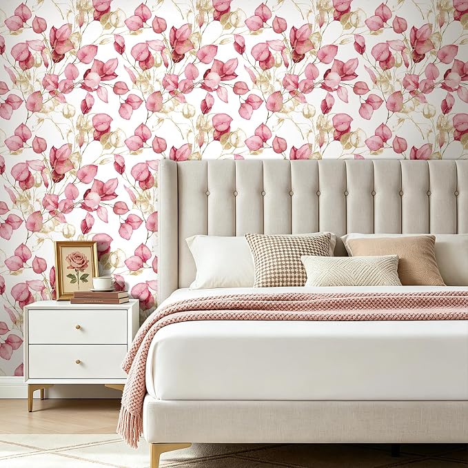 Livelynine Pink and Gold Peel and Stick Wallpaper Botanical Mural 17.5x276 | Pink and Gold Contact Paper Peel and Stick Pink Wallpaper for Girls Bedroom Dorm Cute Elegant Accent Wall Renter Friendly