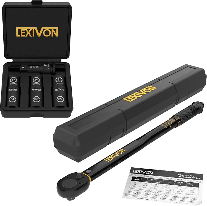 LEXIVON 1/2-Inch Drive Click Torque Wrench 10~150 Ft-Lb/13.6~203.5 Nm + Set of 1/2-Inch Flip Impact Socket, 6 Total Lug Nut Sizes