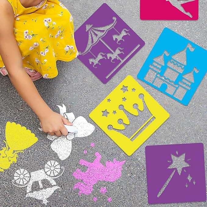 36pcs Princess Drawing Stencils 8 Inch Sidewalk Chalk Stencils Painting Large Washable Reusable Garden Theme Princesses Fairies Primary Shape Template