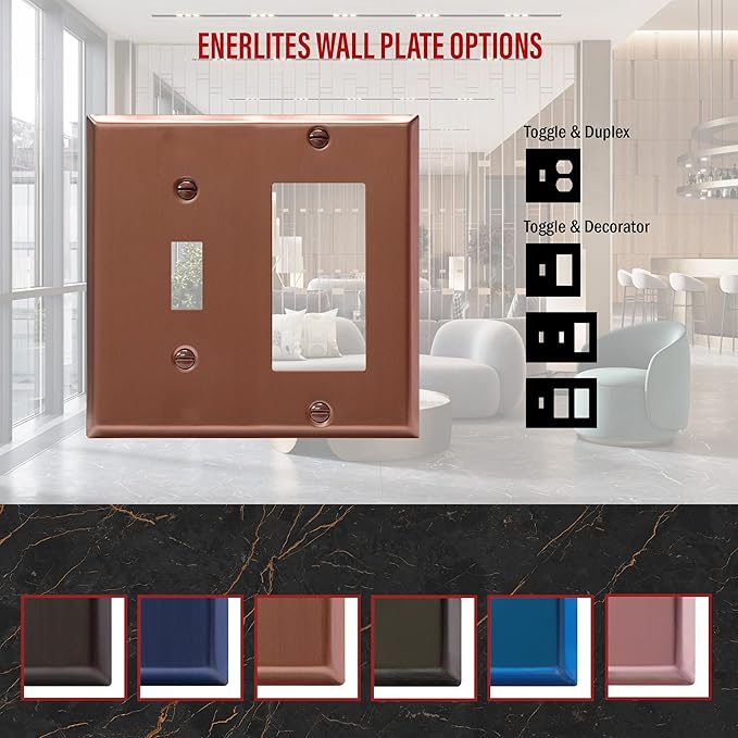 ENERLITES Combination Toggle Switch and Decorator Receptacle Metal Wall Plate, Corrosion-Resistant, Stainless Steel 201, Standard Size 2-Gang 4.50" x 4.57", UL Listed, 771131-BRG, Brushed Rose Gold