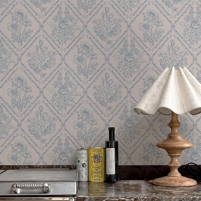Toduso Peel and Stick Wallpaper Vintage Wall Paper Boho Contact Paper Blue Removable Wallpaper for Kitchen Bathroom Bedroom Floral Waterproof Self Adhesive Vinyl Drawer Decor 17.3"x393.7"