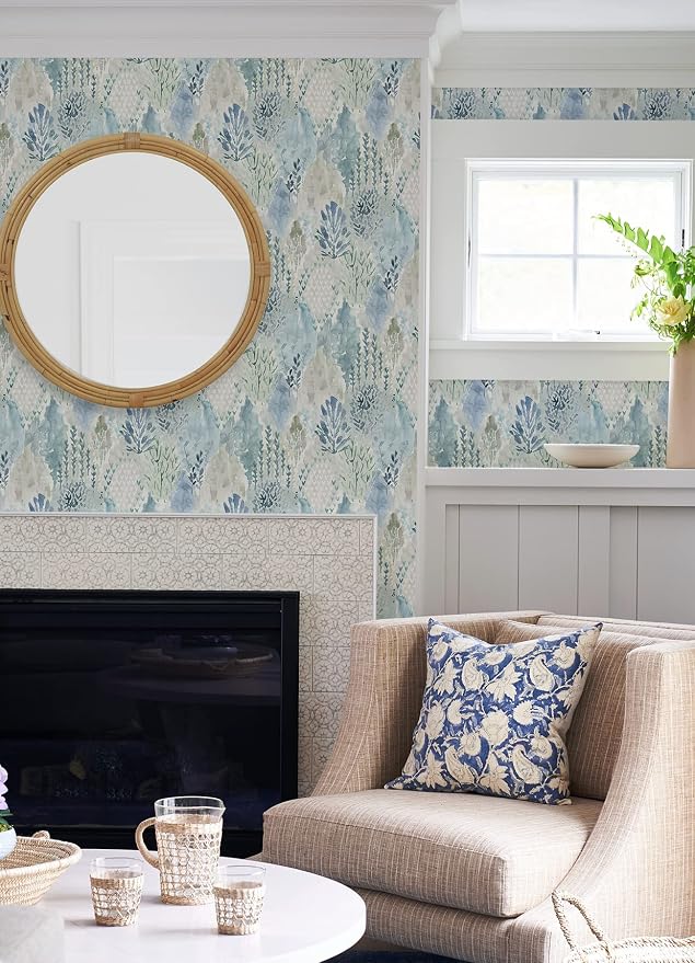 RoomMates RMK12330PLW Blue Watercolor Tree Mosaic Peel and Stick Wallpaper
