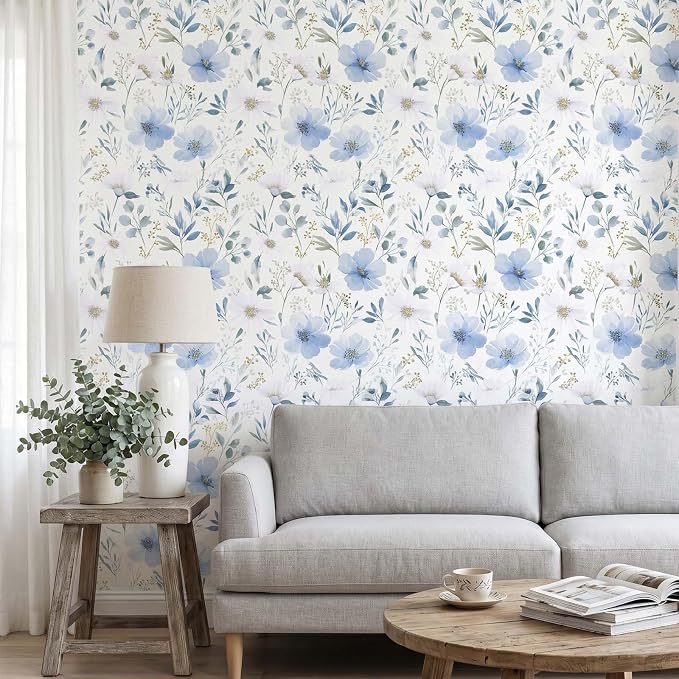 Light Blue Floral Peel and Stick Wallpaper, 17.7in x 393.7in | Self-adhesive and removable watercolor flower design for bedroom, living room, and accent wall