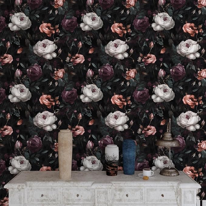 Gothic Dark Purple Rose Floral Wallpaper Peel and Stick 17.5"x197" | Self Adhesive/Removable/Waterproof/Thick Vinyl Vintage Contact Paper for Bathroom Bedroom Shelf Cabinet Drawer,Prepasted
