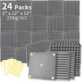 Focusound 24 Pack Grey Acoustic Foam Panels 1" x 12" x 12" Sound Proof Foam Panles Soundproofing Noise Cancelling Wedge Panels for Home Office Recoding Studio with 240PCS Double-Side Adhesive