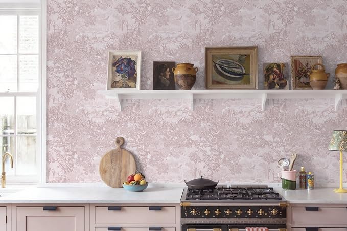 Ismoon Pink Peel and Stick Wallpaper Neutral Wall Paper 17.3in×16.4ft Vintage Removable Self-Adhesive Wallpaper Animals Jungle Contact Paper for Cabinets Bathroom Walls Covering Vinyl Roll