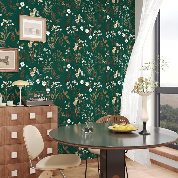 Laatse Dark Floral Wallpaper Peel and Stick 17.5in x 118in Vintage Green Gold Leaf Wallpaper Vinyl Waterproof Self-Adhesive Boho Botanical Wall Paper Mural for Cabinet Bookcase Bedroom Decor